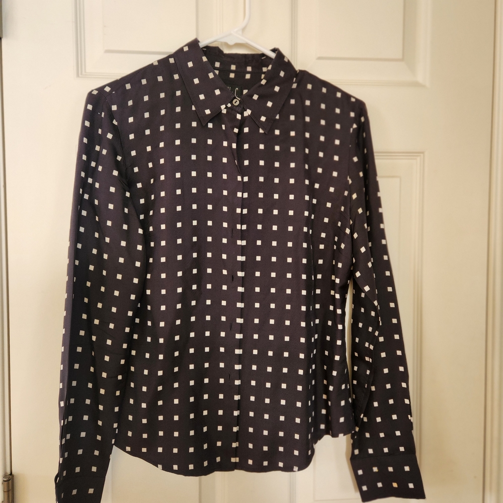 INC International Concepts Navy Silk Button-Up Blouse with Ivory Squares